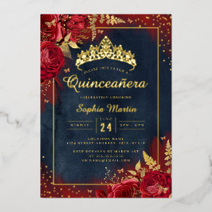 Invitation En Aluminium Papillon Floral Rouge Or Quinceanera