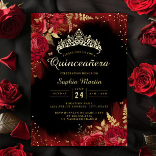 Invitation En Aluminium Papillon Floral Rouge Or Quinceanera