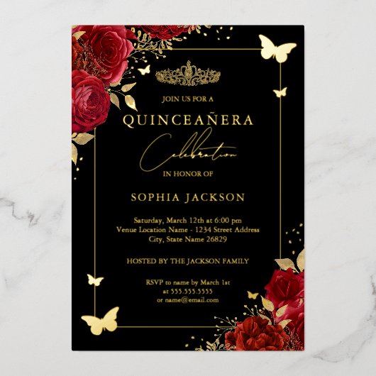 Invitation En Aluminium Papillon Floral Rouge Tiara Quinceanera (Recto)