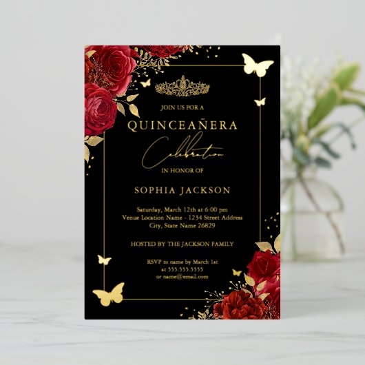 Invitation En Aluminium Papillon Floral Rouge Tiara Quinceanera (Debout devant)