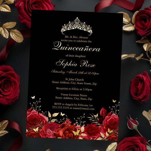 Invitation En Aluminium Papillon Floral Rouge Tiara Quinceanera