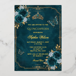 Invitation En Aluminium Papillon floral sarcelle or Quinceañera