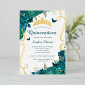 Invitation En Aluminium Papillon floral turquoise Élégant Quinceanera (Debout devant)