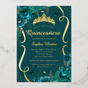 Invitation En Aluminium Papillon floral turquoise Rose Tiara Quinceanera
