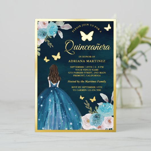 Invitation En Aluminium Papillon floral Turquoise Turquoise Quinceanera Go (Debout devant)