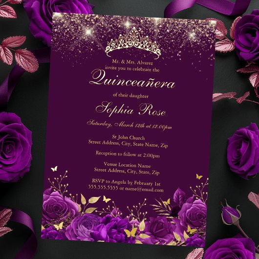 Invitation En Aluminium Papillon floral violet d'or Tiara Quinceanera