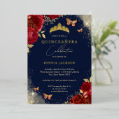 Invitation En Aluminium Papillon Marine Rose Rouge Or Tiara Quinceanera (Debout devant)