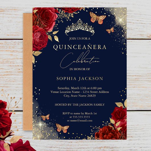 Invitation En Aluminium Papillon Marine Rose Rouge Or Tiara Quinceanera