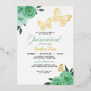 Invitation En Aluminium Papillon Menthe Roses Vertes Quinceanera Réel