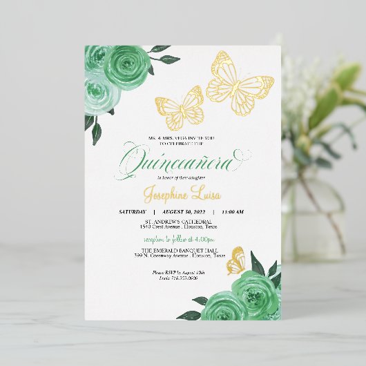 Invitation En Aluminium Papillon Mint Green Roses Quinceanera Real (Debout devant)