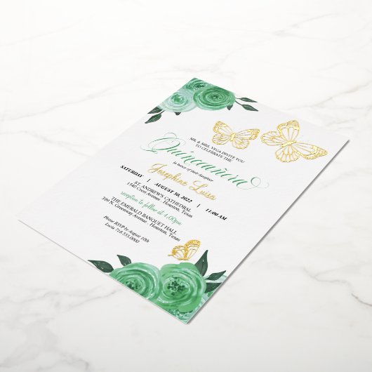 Invitation En Aluminium Papillon Mint Green Roses Quinceanera Real (Rotation)