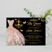 Invitation En Aluminium Papillon noir rose or Tiara Robe Quinceanera (Debout devant)