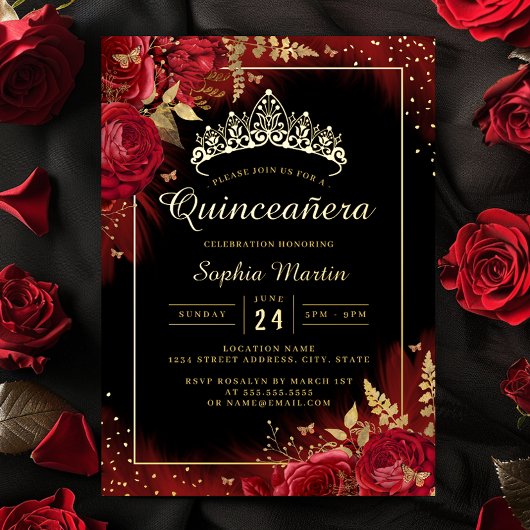 Invitation En Aluminium Papillon noir rouge Quinceanera Floral