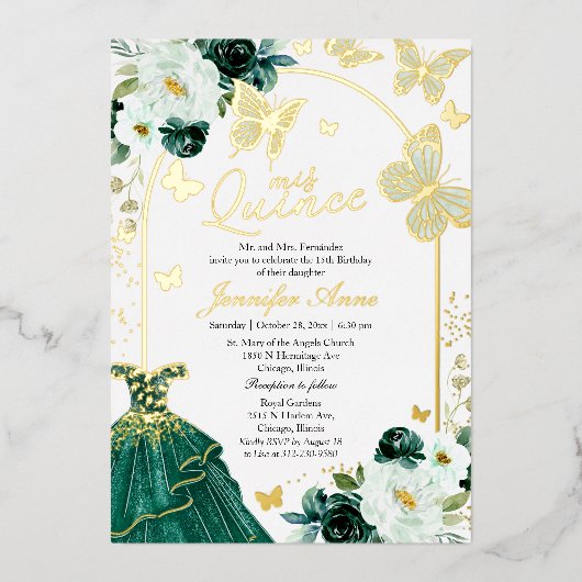 Invitation En Aluminium Papillon Quince Emerald Vert Robe Or (Recto)