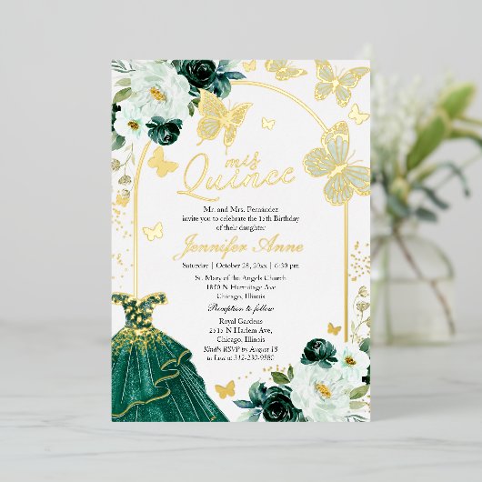 Invitation En Aluminium Papillon Quince Emerald Vert Robe Or (Debout devant)