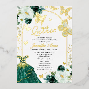 Invitation En Aluminium Papillon Quince Émeraude Robe Or