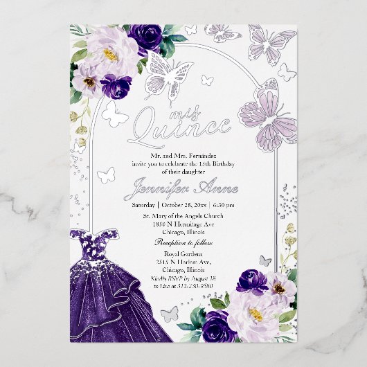 Invitation En Aluminium Papillon Quince foncé Robe pourpre Argent (Recto)