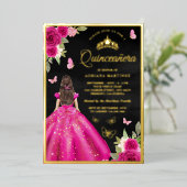 Invitation En Aluminium Papillon rose chaud noir Quinceanera Or (Debout devant)