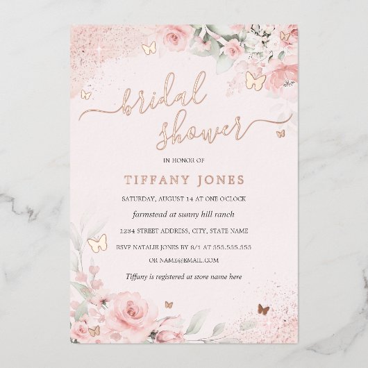 Invitation En Aluminium Papillon rose Fête des mariées florale (Recto)