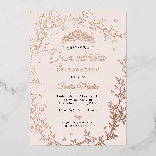 Invitation En Aluminium Papillon Rose feuille d'or couronne Quinceanera (Recto)