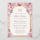 Invitation En Aluminium Papillon rose floral Mariage or (Recto)