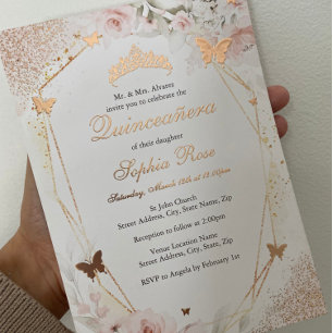 Invitation En Aluminium Papillon Rose Gold Rose Pâle Floral Quinceanera