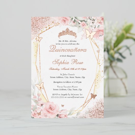 Invitation En Aluminium Papillon Rose or rose rose rose flou Quinceanera (Debout devant)