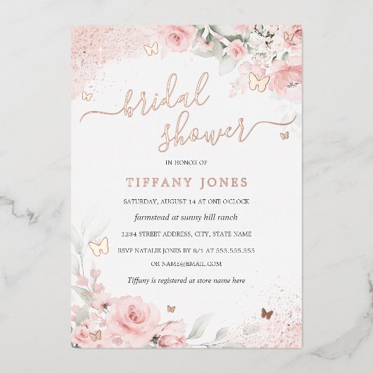 Invitation En Aluminium Papillon rose pâle Fête des mariées florale (Recto)