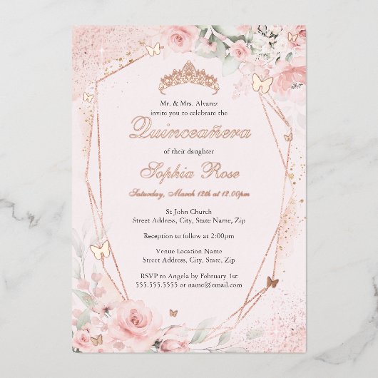 Invitation En Aluminium Papillon rose pâle rose rose bleu Quinceanera (Recto)