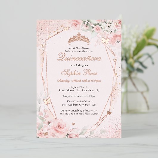 Invitation En Aluminium Papillon rose pâle rose rose bleu Quinceanera (Debout devant)