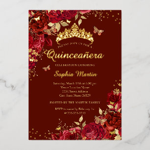 Invitation En Aluminium Papillon Rouge Floral Élégant Quinceanera
