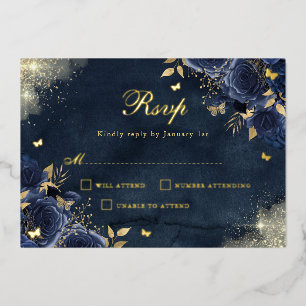 Invitation En Aluminium Papillon scintillant floral or Quinceanera Navy