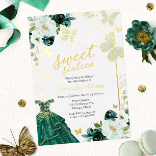 Invitation En Aluminium Papillon Sweet Sixteen Robe Vert Émeraude Or