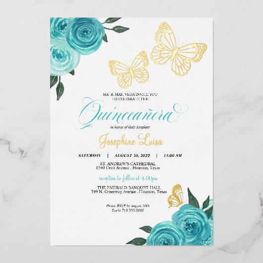 Invitation En Aluminium Papillon Turquoise Rose Quinceanera Real (Recto)