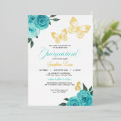 Invitation En Aluminium Papillon Turquoise Rose Quinceanera Real (Debout devant)