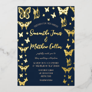 Invitation En Aluminium Papillons Bohème Bleu Nuit Or Feuille Mariage