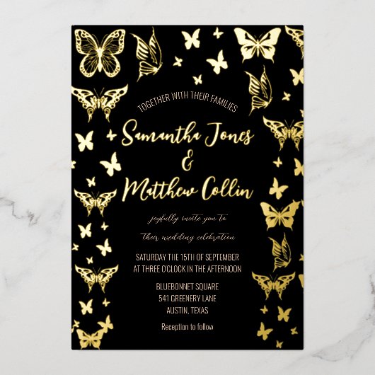 Invitation En Aluminium Papillons Boho Black Gold Mariage (Recto)