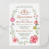 Invitation En Aluminium Papillons de luxe rose fleuri Tiara Quinceañera (Recto)