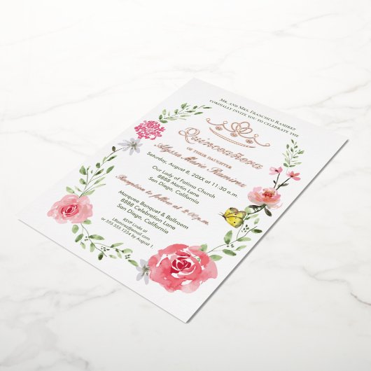 Invitation En Aluminium Papillons de luxe rose fleuri Tiara Quinceañera (Rotation)