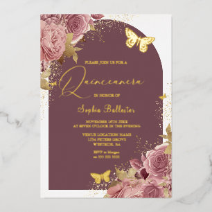 Invitation En Aluminium Papillons Dorés Floral Quinceanera Or
