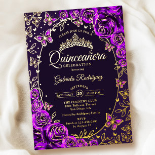 Invitation En Aluminium Papillons Or Roses Violettes Quinceanera