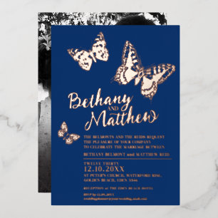 Invitation En Aluminium Papillons rose en or sur mariage bleu foncé