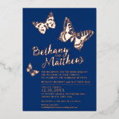 Invitation En Aluminium Papillons rose en or sur mariage bleu foncé (Recto)