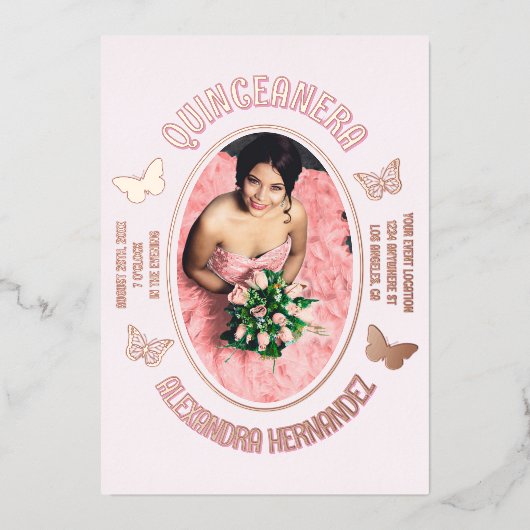 Invitation En Aluminium Papillons roses Quinceanera (Recto)