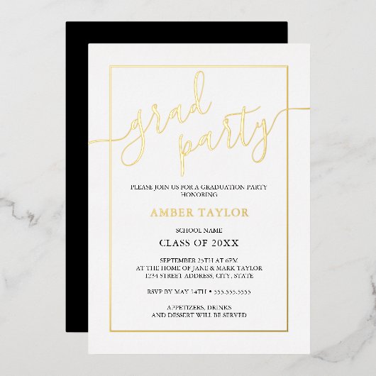 Invitation En Aluminium Parti de graduation Black Gold moderne (Recto/Verso)