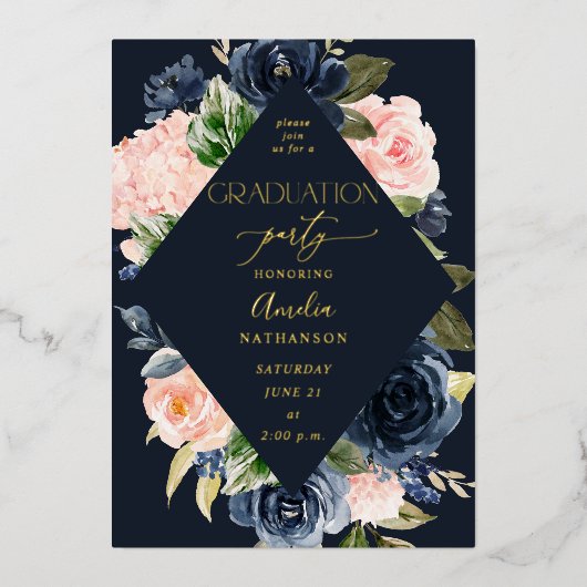 Invitation En Aluminium Parti de graduation florale bleu et bleu marine -  (Recto)