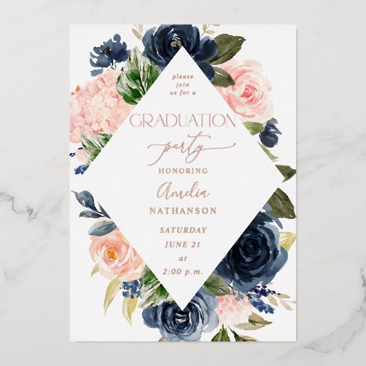 Invitation En Aluminium Parti de graduation florale bleu et bleu marine (Recto)