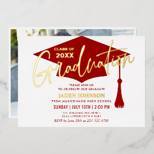 Invitation En Aluminium Parti de graduation simple or rouge moderne