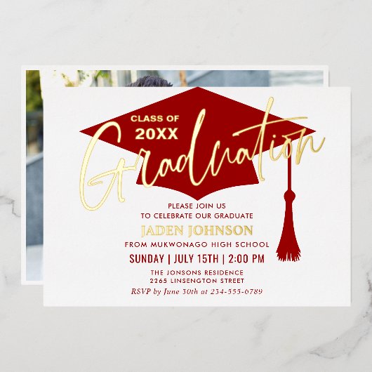 Invitation En Aluminium Parti de graduation simple or rouge moderne (Recto/Verso)