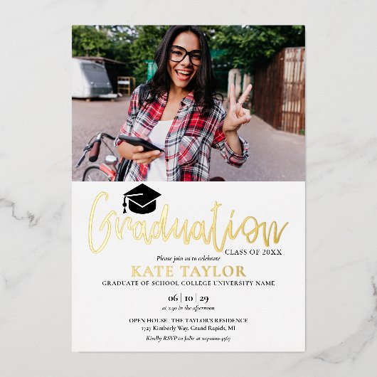Invitation En Aluminium Partie de graduation de script moderne 2 Photo Gol (Recto)